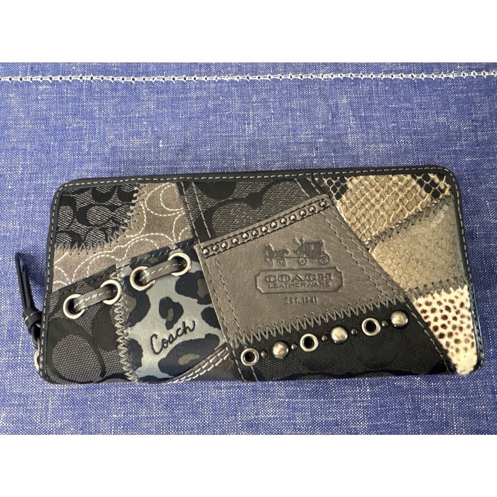 Coach Patchwork  Zip Wallet Mixed Media Leopard Snakeskin Leather  Gray Black